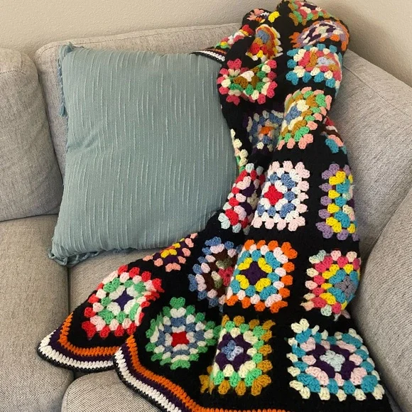 70s Inspired Large Handmade Crochet Throw Blanket Black (Vintage)